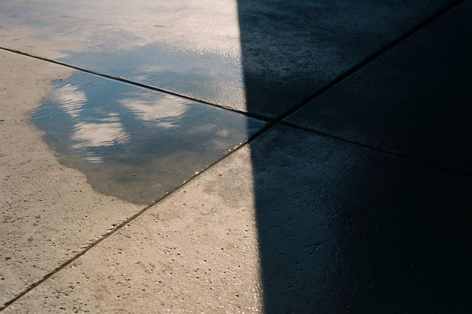 A hard shadow line on a wet surface at low sun. Shadow length is the cheapest sun angle instrument you own.